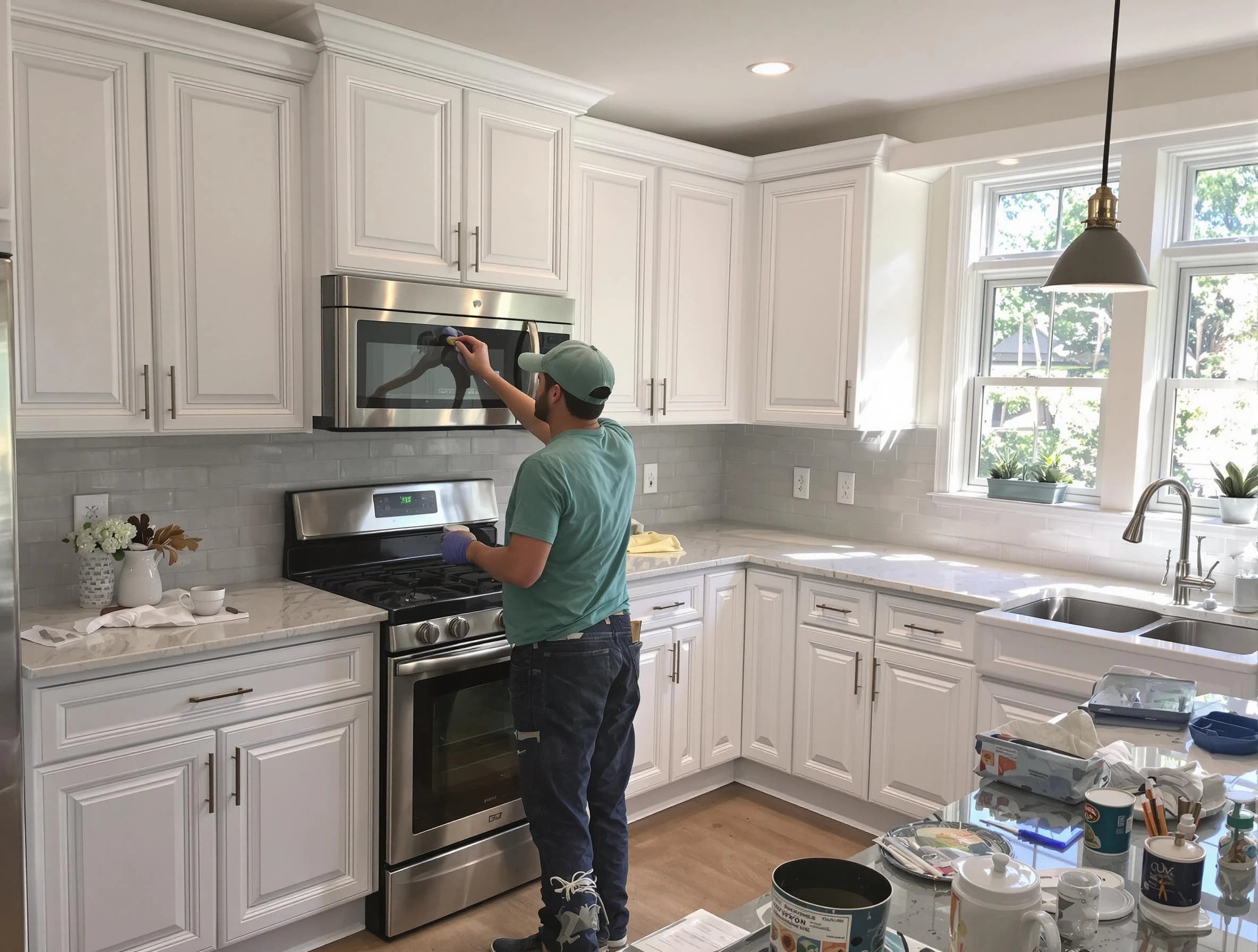 Kitchen cabinets being refinished by North Olmsted House Painters in North Olmsted, OH