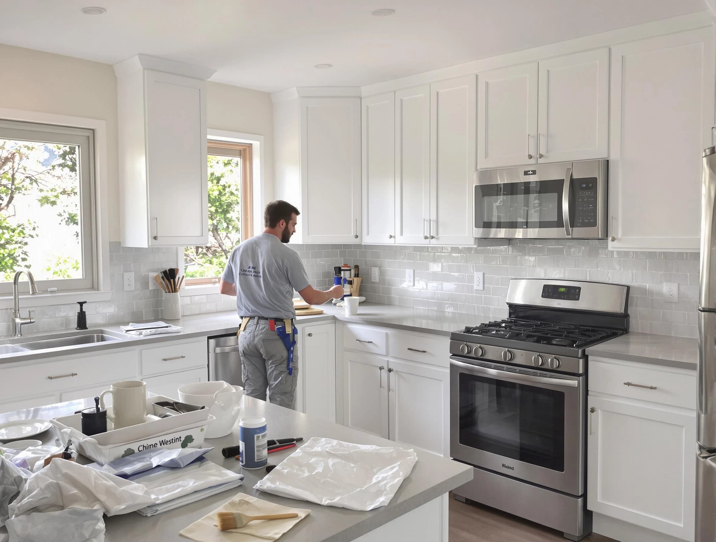 North Olmsted House Painters applying fresh paint on kitchen cabinets in North Olmsted