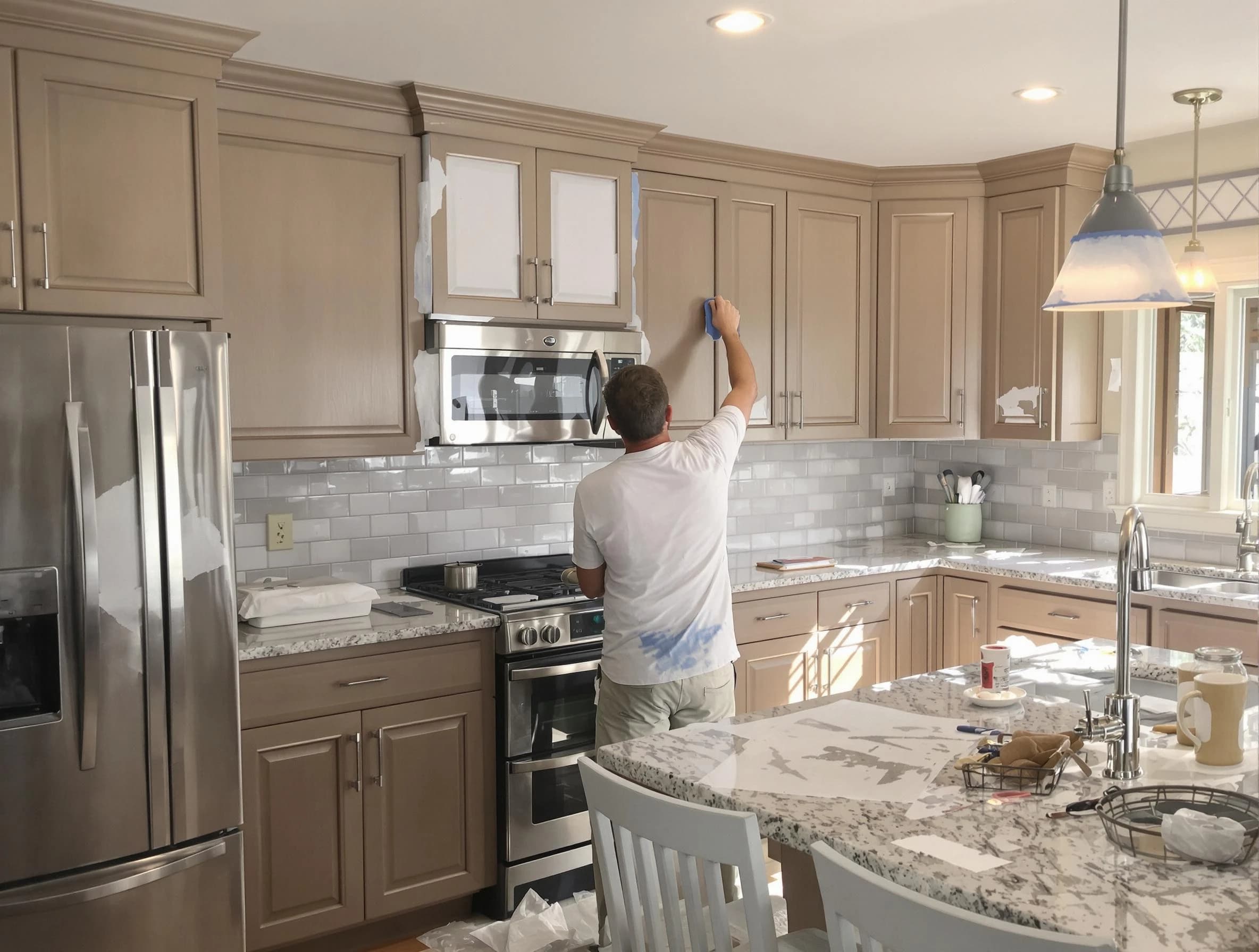 Before-and-after view of kitchen painting by North Olmsted House Painters in North Olmsted