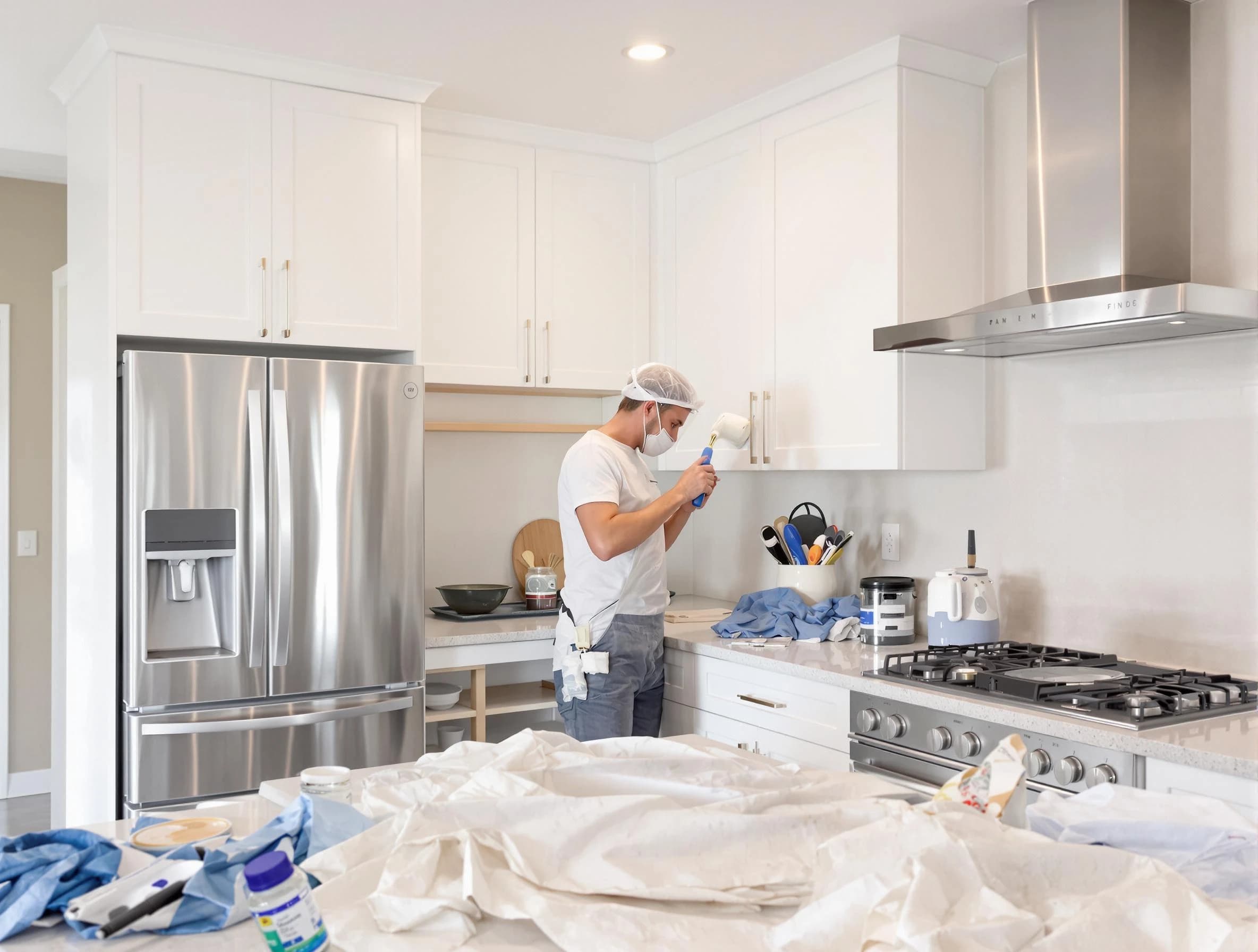 North Olmsted House Painters painter applying a fresh coat in a kitchen located in North Olmsted, OH