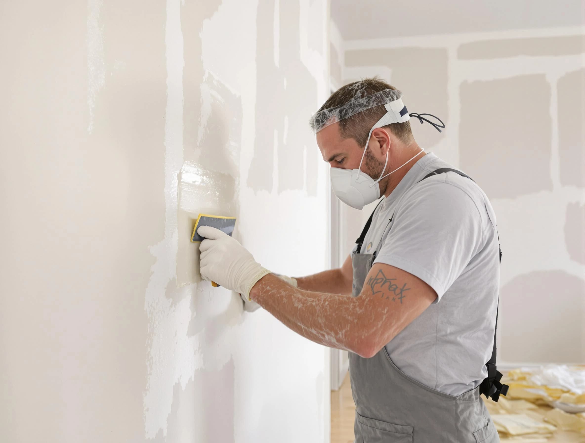 North Olmsted House Painters technician applying mud to drywall seams in North Olmsted, OH